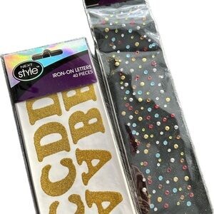 NEW & UNOPENED Iron-Ons: Sparkly Gold Letters and Rhinestone + Studs